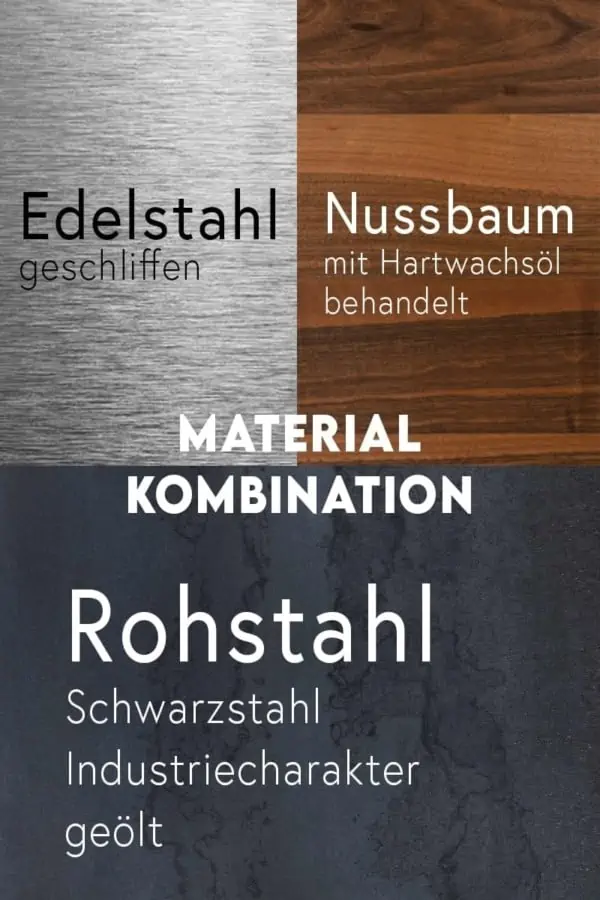 material-kombination-holz-massivholz-nussbaum-metall-stahl-rohstahl-zunderstahl-schwarzstahl-geolt-edelstahl-geschliffen