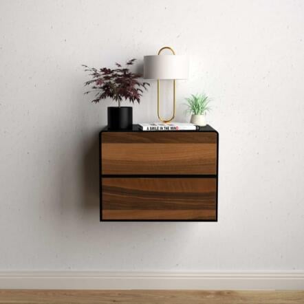 nachttisch-schwarz-haengend-metall-modern-industrial-design-massivholz-nussbaum-mit-schubladen-schlafzimmer-minimalistisch-stahlzart