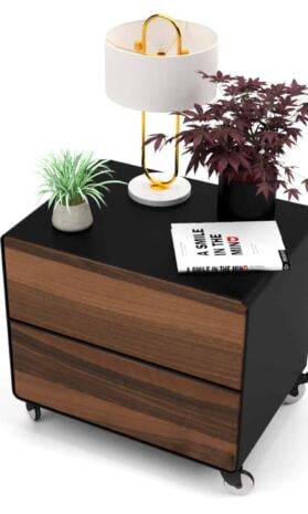 nachttisch-schwarz-holz-metall-modern-industrial-design-massivholz-nussbaum-mit-schublade-auf-rollen-stahlzart