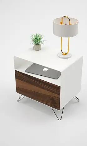 nachttisch-weiss-holz-metall-modern-rund-mit-schublade-design-industrial-massivholz-nussbaum-hairpin-fuesse-stahlzart-fly-high-7