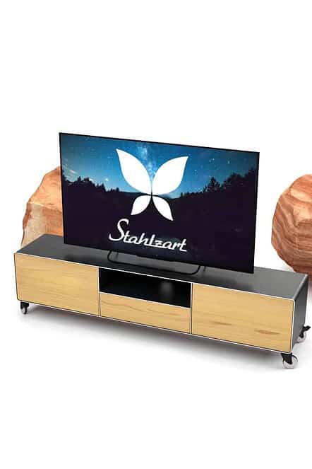 tv-lowboard-industrial-eiche-astfrei-schwarz-grau-holz-massivholz-modern-160-cm-wohnzimmer-metall-design-hifi-mit-2-schubladen-klappe-schwarzstahl-stahlzart-dot-1