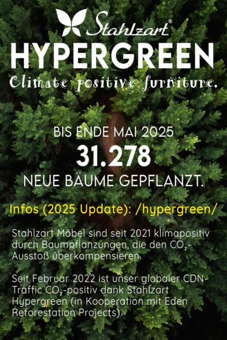 Stahlzart Hypergreen Möbel-Logo mit Informationen zur klimapositiven Initiative und Partnerschaft mit Eden Reforestation Projects, 31.224 Bäume von 2021 bis April 2025 gepflanzt.