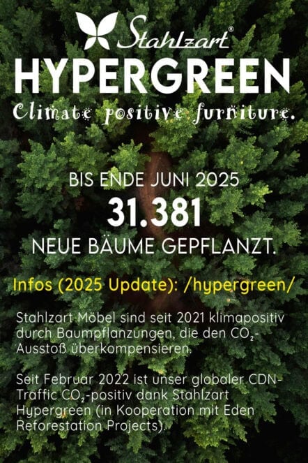 Stahlzart Hypergreen Möbel-Logo mit Informationen zur klimapositiven Initiative und Partnerschaft mit Eden Reforestation Projects, 31.381 Bäume von 2021 bis Juni 2025 gepflanzt.