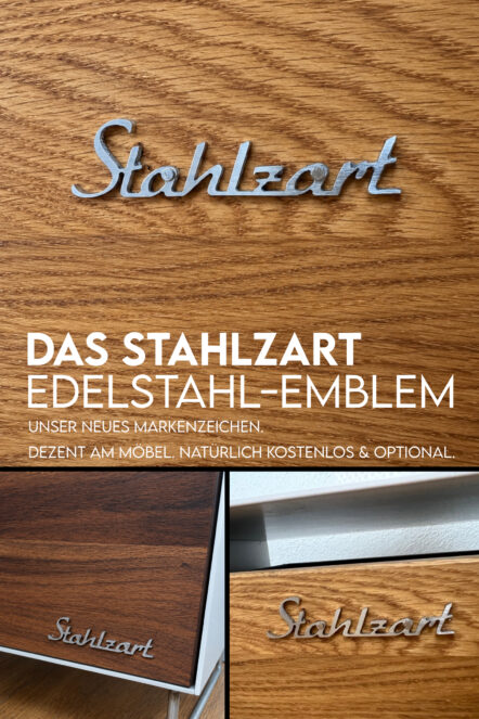 Stahlzart Edelstahl-Emblem als optionales Markenzeichen auf handgefertigten Massivholz-Möbeln aus geölter Eiche und Nussbaum