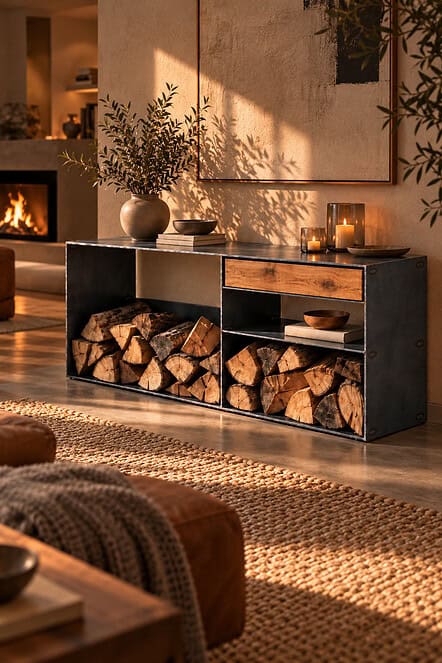 Kaminholzregal Sideboard CLASSIC 032 aus geöltem Rohstahl und massiver Wildeiche mit gestapeltem Kaminholz in einem warmen Wohnzimmer am Kamin.