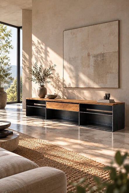 Raumperspektive des Lowboards CLASSIC 037 aus Rohstahl und Wildeiche im hellen Wohnzimmer mit Natursteinboden, abstrakter Wandkunst und Tageslicht.