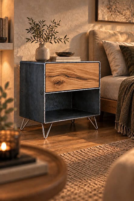 Raumperspektive am Bett: Nachttisch FLY HIGH 3 mit einer Wildeiche-Schublade, offenem Fach und VELA Edelstahlbeinen im warm beleuchteten Schlafzimmer.